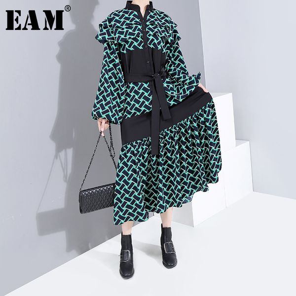 

eam] women pattern priinted bandage long dress new stand collar long sleeve loose fit fashion tide spring autumn 2020 1h567, Black;gray