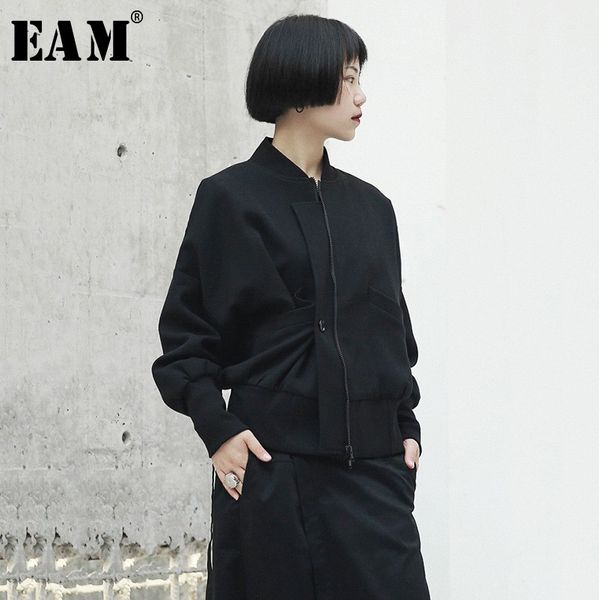 

eam] 2019 new spring stand collar long sleeve black oblique button fold large size jacket women coat fashion tide ji087, Black;brown