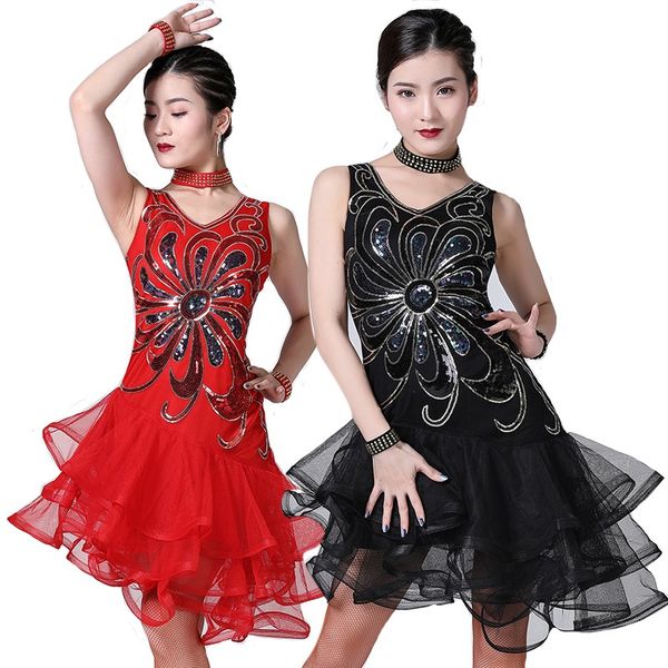 

2019 new latin dance dress women ballroom/tango/salsa/rumba/latin dance dress v-neck sequin latin competition dresses, Black;red