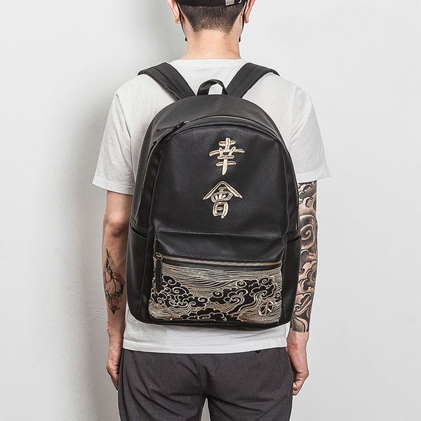 

men pu bag hip hop travel bag nice to meet you kanji embroidery, Black