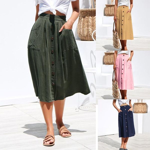 

юбки женской твердые кнопки с карманами большого hem длиной до колена юбки полиэстера свободного удобного молодежного стиль случайных юбки, Black