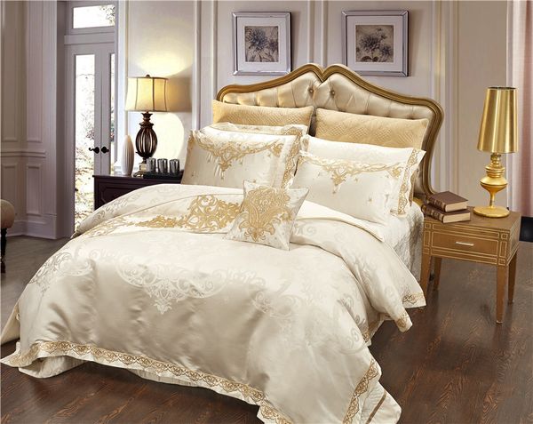 Beige Cream Silk Cotton Luxury Satin Jacquard Bedding Set Queen