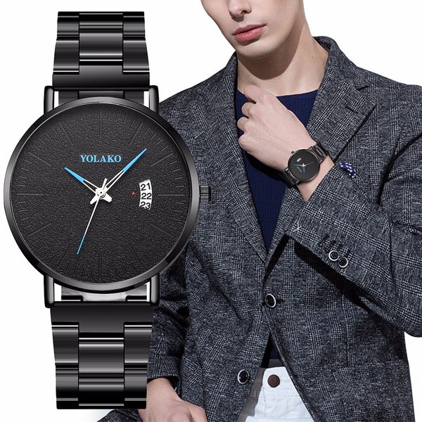 

yolako brand men black stainless steel blue pointer watches luxury male sport date watches clock relogio masculino, Slivery;brown