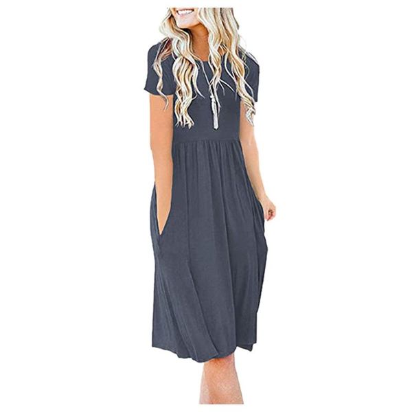 

women's short sleeve casual dresspockets o neck beach dresswaist pleated loose swing flare dress sukienki damskie #j4s, Black;gray
