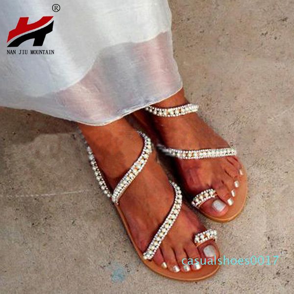 

nan jiu mountain 2019 flat summer sandals pearl sandals handmade beaded toe wedding simple plus size 34-43 c17, Black