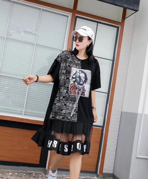 

2020 summer european and american street hipsters plus size women's round neck mesh stitching mid-length t-shirt women, White