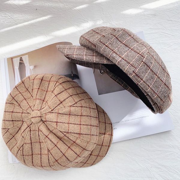 

girls octagon hat beret hats fashion casual classic plaid knitted vintage newsboy women's cap casquette femme, Blue;gray