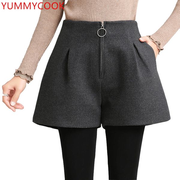

yummycook autumn winter solid color woolen high waist shorts 2018 wild casual loose a word wide leg shorts women's clothing a547, White;black