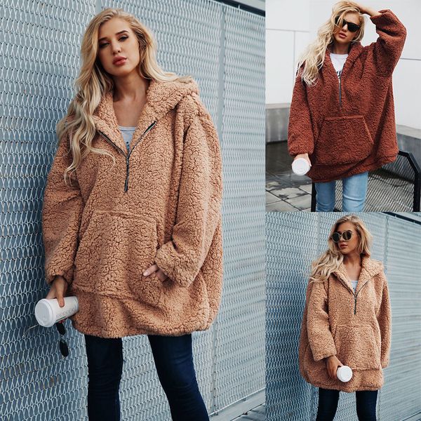 

зимы женщин шерсти faux пальто куртки вскользь имитационные шерсти толстовка флис пуловеры зима осень толстые теплые с капюшоном outwear жен, Black