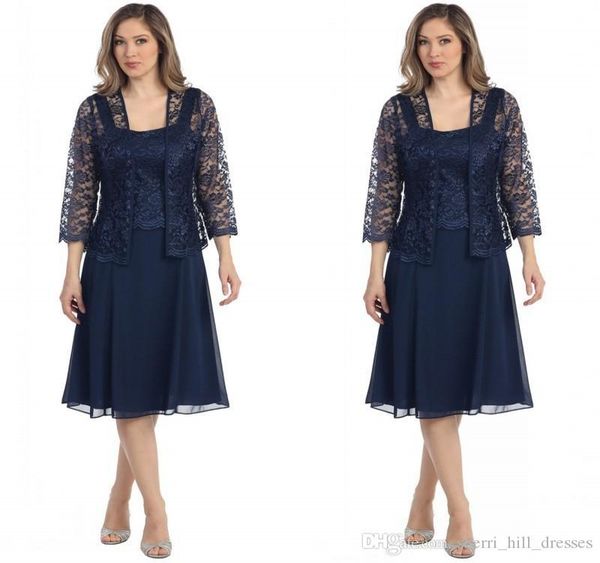 

navy blue mother chiffon dresses with lace jacket long sleeves knee-length plus size custom evening party prom dresses sh5009, Black;red