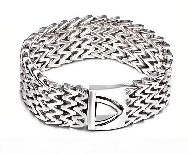 

fashion biker jewelry 25mm wide 22.5cm length punk rock double w mens bracelets cool stainless steel glossy bracelet men pulseras band, Golden;silver