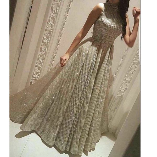 

sparkly prom dresses halter neckline sequins a line arabic sliver prom dress evening gowns formal dresses, White;black