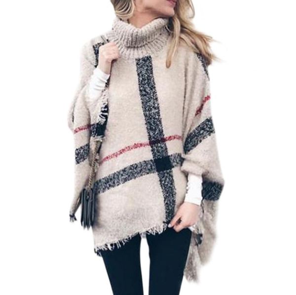 

women's knitted turtle neck poncho autumn sweater pullover ladies irregular tassel oversized casual fall poncho coat, Black