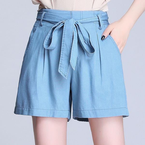 

tencel shorts women 2020 summer elastic high waist lace up denim shorts loose wide legs jeans plus size, White;black
