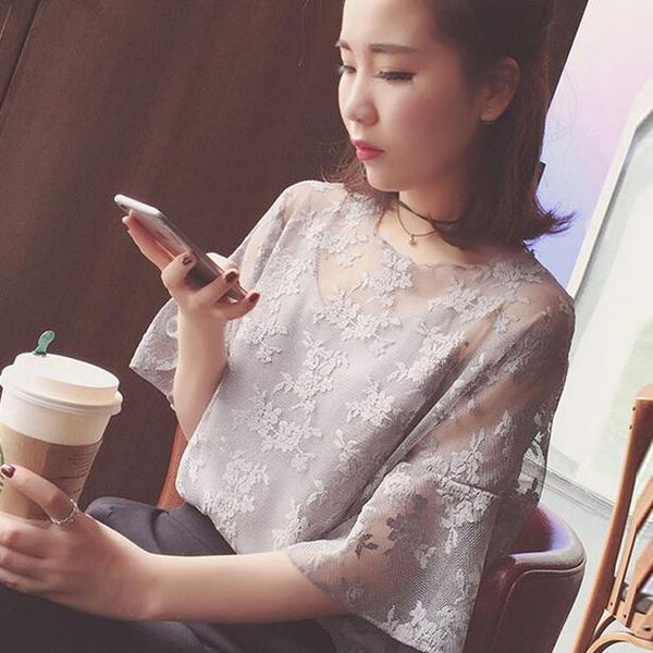 

new women o-neck wild small tape embroidered chiffon blouse crochet lace two-piece trumpet sleeves ah902, White