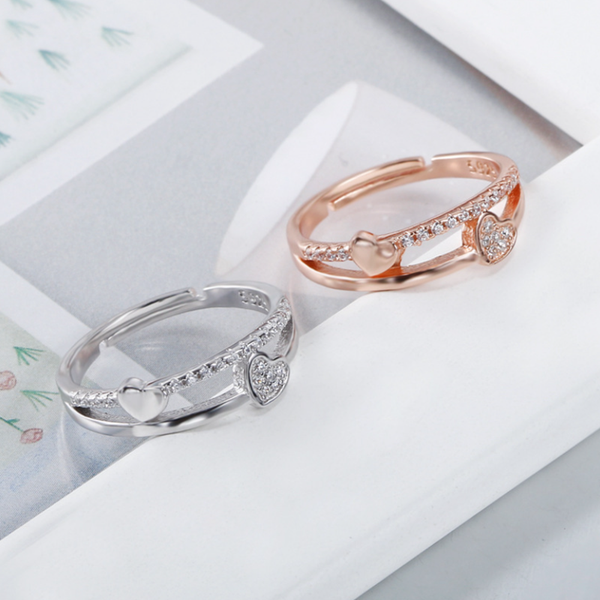 

new korean creative jewelry heart-shaped opening adjustable ring female heart and soul double heart rhinestone ring for wedding, Slivery;golden