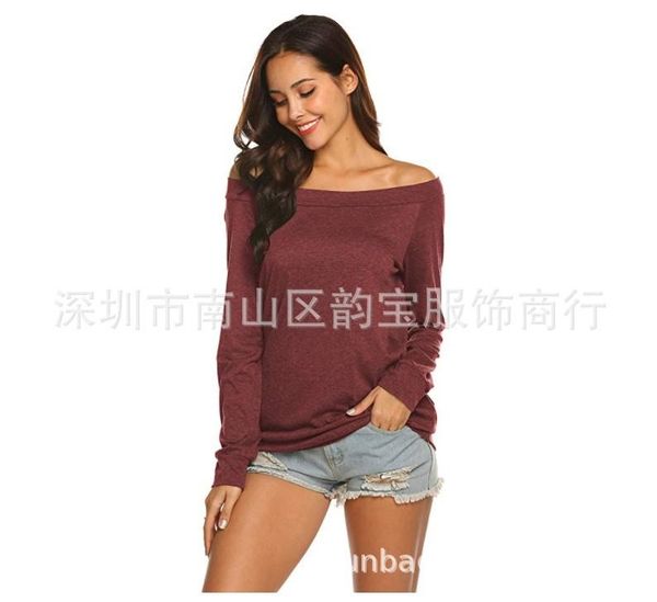 

foreign trade autumn european and american women's long sleeve t-shirt with one-word collar and shoulder-exposed jacket leisure pure re, White