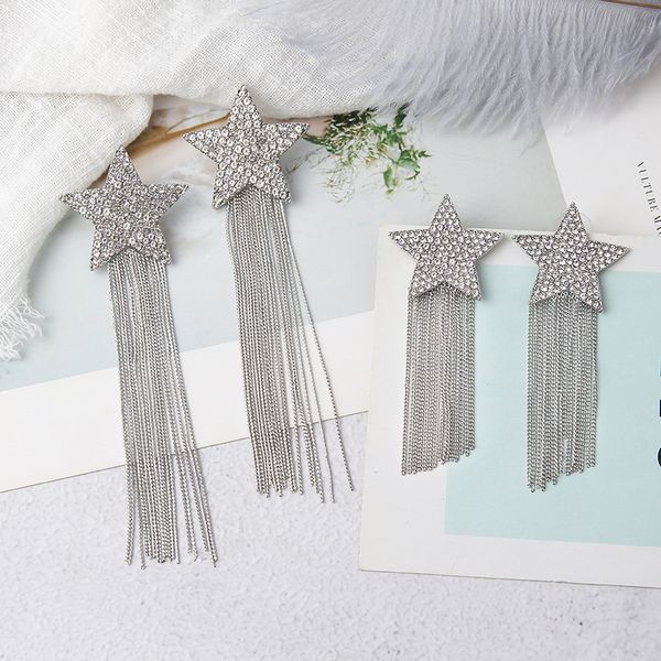 

mwsonya new korean personality rhinestone pentagram long tassel pendant earring elegant for women luxury earring jewelry gift, Golden