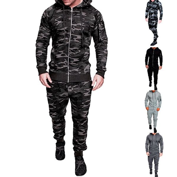 

mens tracksuit pants suit set hoodie trouse rmale camouflage jacket suit 2pc muscle men workout track, Gray