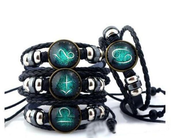 

european and american 12 constellation bracelet hand-woven beaded retro cowhide constellation bracelet 24pcs/lot, Golden;silver