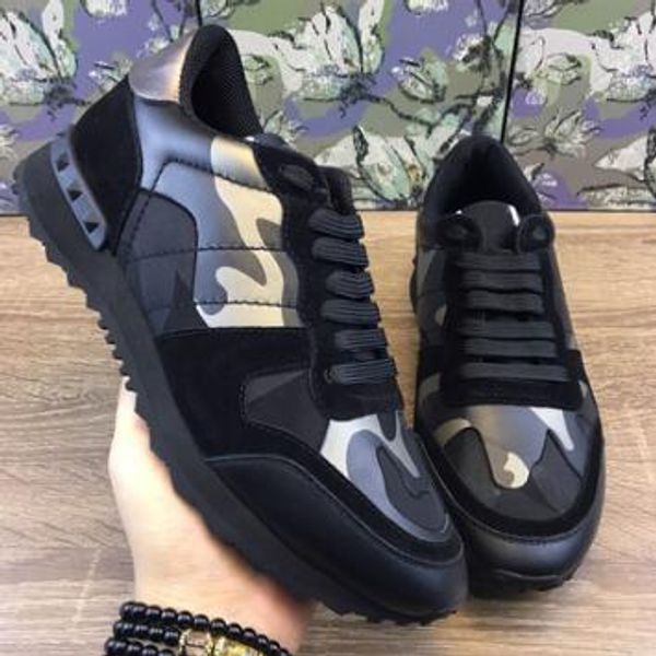 

designer star studded shoes women men mesh leather camouflage studded shoes combo stars rock runner metallic lace-up shoes rock studs 02, Black