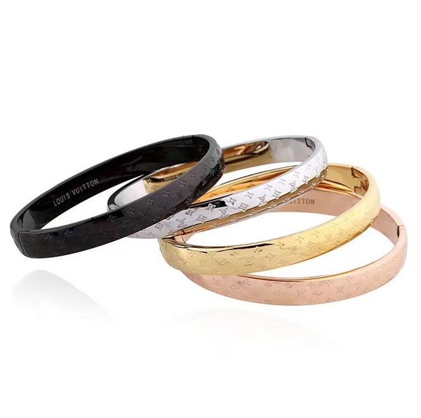 

new luxury s designer s carving letter bracelet fashion woman and men hard bracelet louis vuitton jewelry with box gift, Black