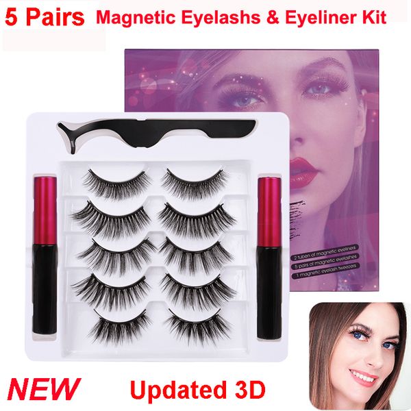 Set mit magnetischen Wimpern und magnetischem Eyeliner, 5 Paar verschiedene falsche 3D-Wimpern, 2 Stück flüssiger Eyeliner und Pinzette, natürliche wiederverwendbare Wimpern