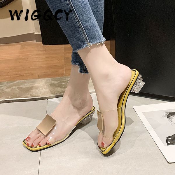 

fashion mules slippers women new summer shoes woman transparent square metal buckle mid heel open toe shoes female strap, Black