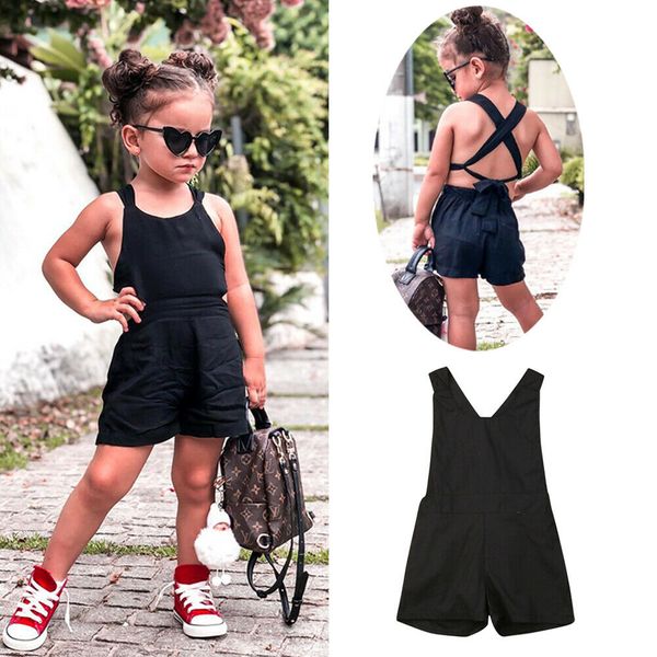 

summer toddler baby girls backless romper solid black sleeveless belt jumpsuits clothes outfit 1-6y, Blue