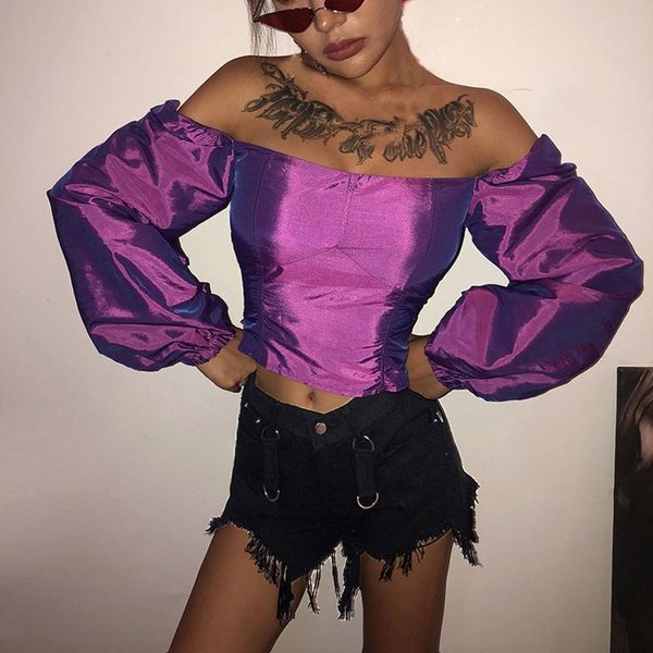 

женщины дама с плечом длинных фонариков рукав фиолетовых сыпучие блуза топы рубашки повседневной уличной сплошной винтажной одеждой, White