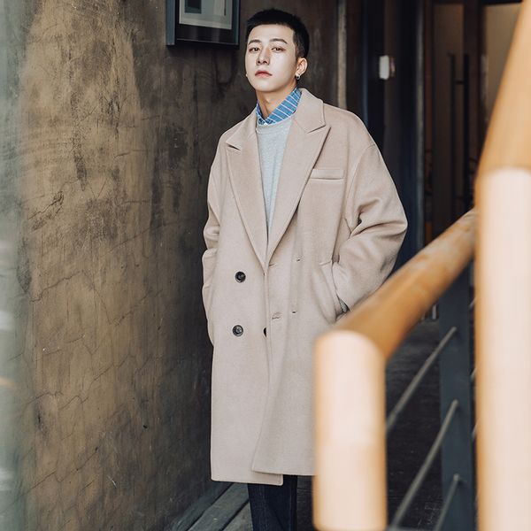 

ewq / autumn winter 2019 long sleeve open stitch button pockets turn-down collar loose coat man's temperament jackets fs925, Tan;black