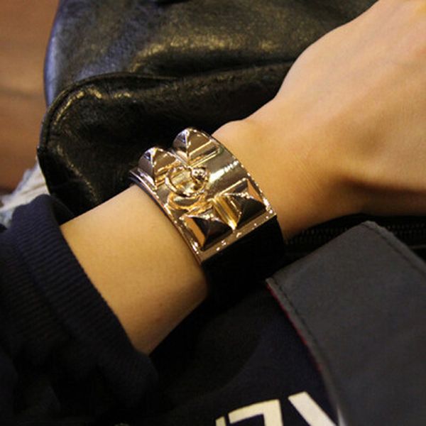 

fashion street patting leather metal exaggerated texture rivet punk temperament leather super wide men and women bracelet, Black