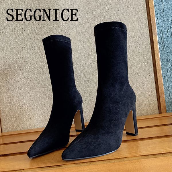 

women high heel sock boots plus size flock pointed toe ankle booties female party winter woman fashion shoes boots, Black