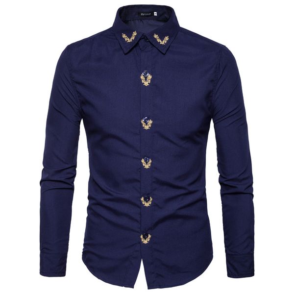 

Men's dress shirts 2018 autumn new men's smart casual shirt embroidery bottoming shirt cotton slim knit Europe size XXL