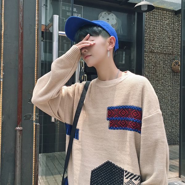 

mens sweaters 2018 loose round neck pullovers long sleeve casual knitwear men oversized korean fashion clothing male streetwear, White;black