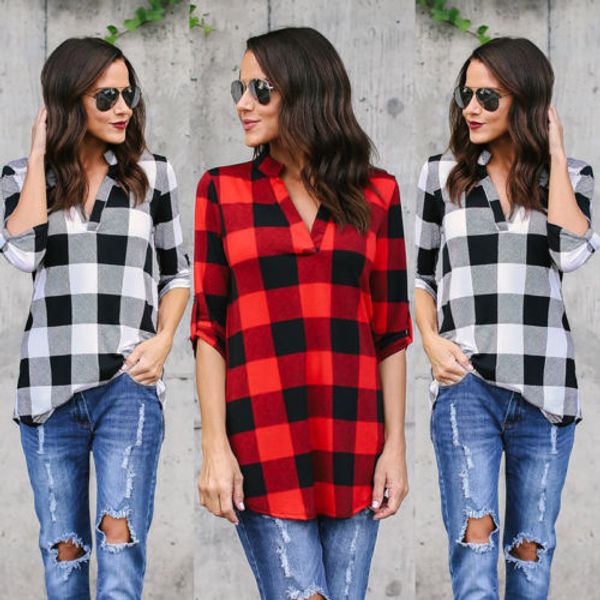 

summer women long sleeve plaid casual v-neck t-shirt loose fashion shirt, White