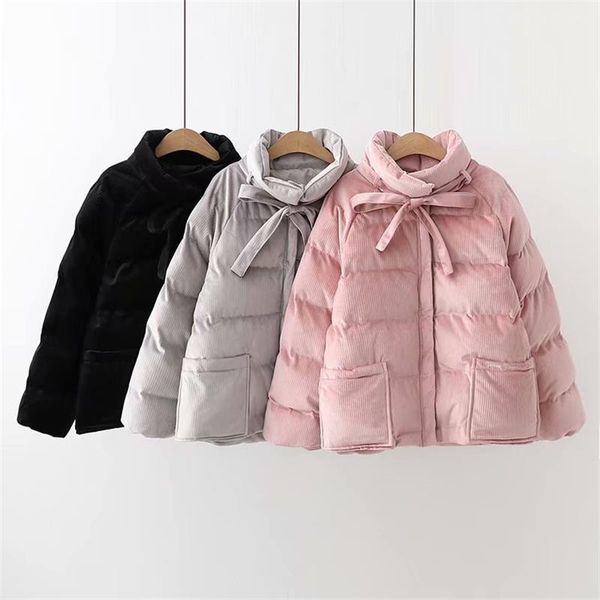 

women's winter warm long sleeve corduroy short cotton sweet bow tie with collar jacket coat overcoat, Black;brown