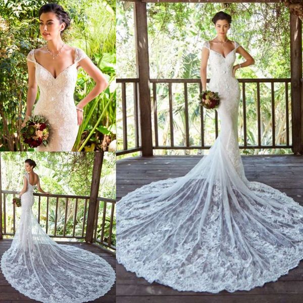 Kitty Chen 2019 Abiti da sposa Completo di pizzo con scollo a V Capped manica corta sirena Abiti da sposa Sexy Backless Plus Size abito da sposa da giardino