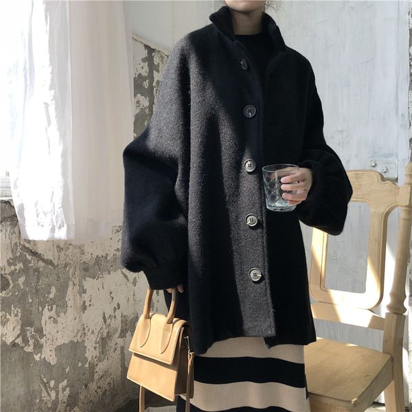 

superaen lapel autumn and winter women woolen coats new 2019 wild casual fashion ladies woolen coats korean style women clothing, Black