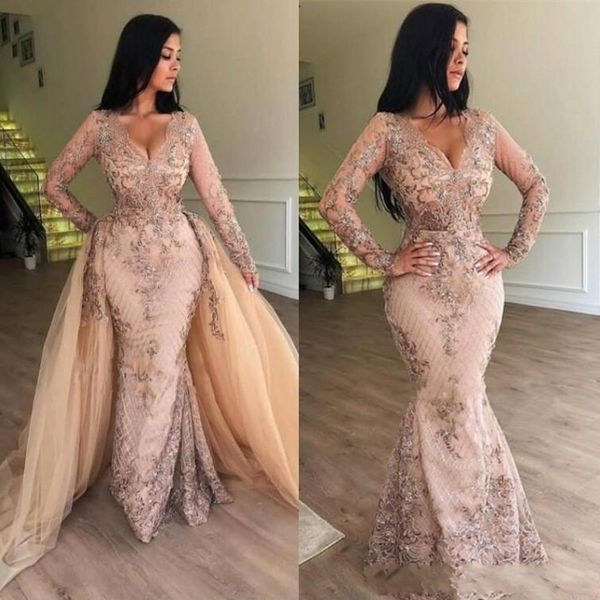 

glamorous long sleeves evening dresses with overskirts lace appliques v neck sweep train mermaid prom dresses back zipper women gowns, Black;red