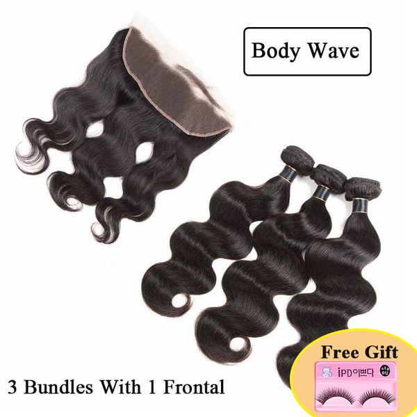 

body wave human hair 3 bundles with frontal brazilian peruvian indian malaysian virgin human hair weaves with 13x4 lace frontal closure, Black