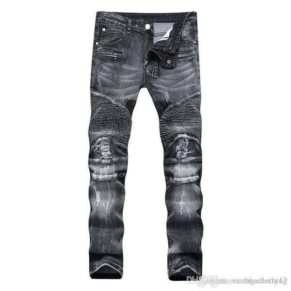 

motorcycle biker men hi-street slim fit ripped jeans mens distressed denim skinny washed vintage zipper jeans, Blue