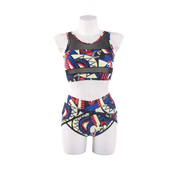 

African Paisley Totem Print Two Piece High Waist Tankini Bikini Set with Sheer Tulle Tank Top & Asymmetrical Bottom Swimsuit