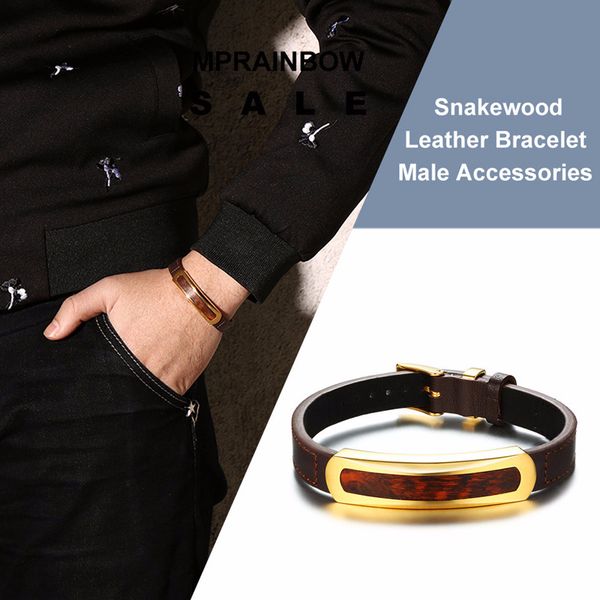 

rare exotic snakewood tag leather bracelet in brown for men letterwood male gents leopardwood wood jewelry adjustable 7-8.8, Golden;silver