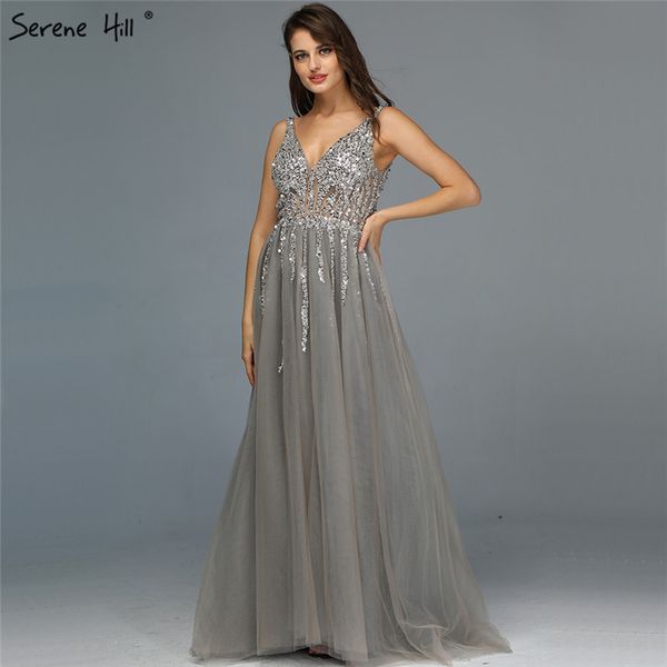 

party dresses grey v-neck a-line tulle evening dressese 2021 sleeveless beading diamonds formal dress design serene hill la70168, White;black