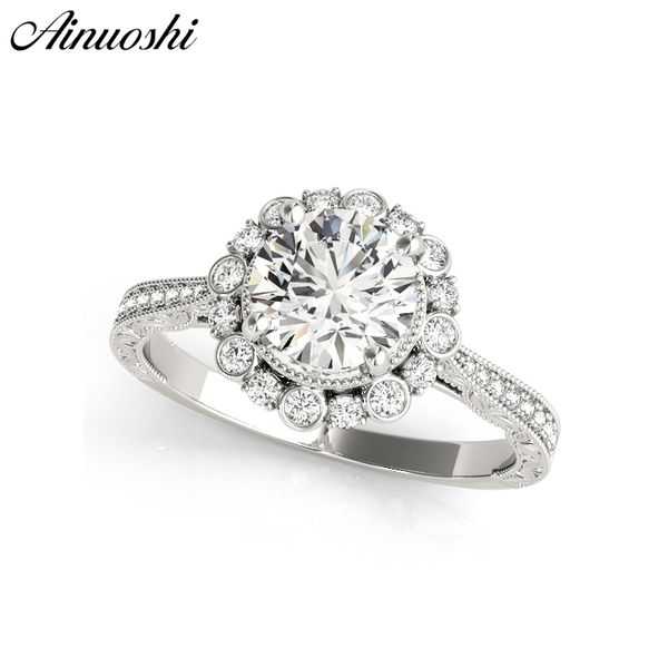 

ainuoshi classic 925 silver white gold color round cut 1ct halo ring women engagement wedding engagement bridal silver rings y200106, Slivery;golden
