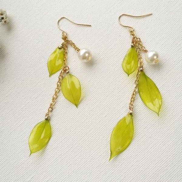 

прессованные цветы серьги для женщин реального сушеные листьев бамбука с мягкой эмаль мотаться падение серьги невесты подарков ручной работы, Silver