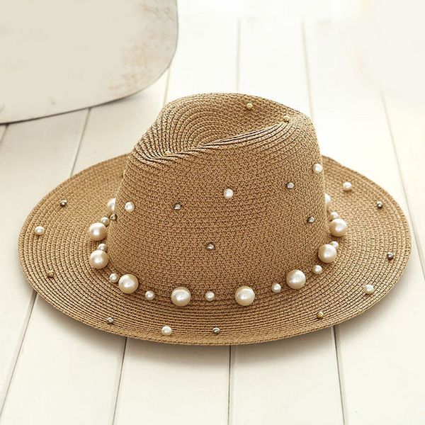 

2019 new summer british pearl beading flat brimmed straw hat shading sun hat lady beach, Blue;gray