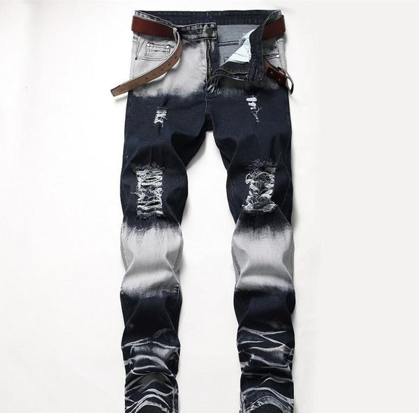 

mens designer jeans distrressed blue white holes stretch regular mid waist straight mens pants fashion male apparel