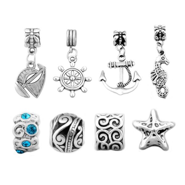 

1 set ,silver plated surf starfish bead and helm sailing charm beads pendants fit pandora charms bracelets&bangles ,spb102